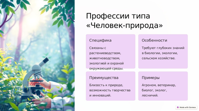 Профессии типа «Человек-природа» Специфика Особенности Связаны с растениеводством, животноводством, экологией и охраной окружающей среды. Требуют глубоких знаний в биологии, экологии, сельском хозяйстве. Преимущества Примеры Близость к природе, возможность творчества и инноваций. Агроном, ветеринар, биолог, эколог, лесничий. 