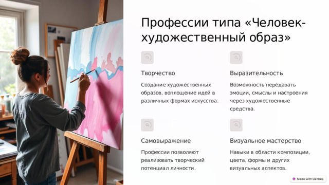 Профессии типа «Человек-художественный образ» Творчество Выразительность Создание художественных образов, воплощение идей в различных формах искусства. Возможность передавать эмоции, смыслы и настроения через художественные средства. Самовыражение Визуальное мастерство Профессии позволяют реализовать творческий потенциал личности. Навыки в области композиции, цвета, формы и других визуальных аспектов. 