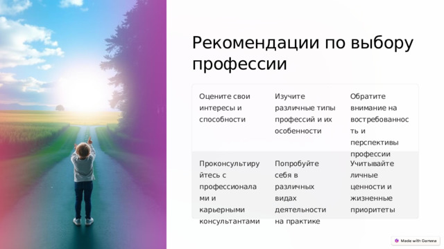 Рекомендации по выбору профессии Оцените свои интересы и способности Изучите различные типы профессий и их особенности Обратите внимание на востребованность и перспективы профессии Проконсультируйтесь с профессионалами и карьерными консультантами Попробуйте себя в различных видах деятельности на практике Учитывайте личные ценности и жизненные приоритеты 