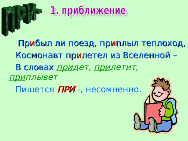  Пр и был ли поезд, пр и плыл теплоход,  Космонавт пр и летел из Вселенной –  В словах при дет, при летит, при плывет  Пишется ПРИ -, несомненно. 
