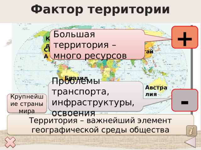 Фактор территории + Большая территория – много ресурсов Россия Канада США Китай Бразилия Проблемы транспорта, инфраструктуры, освоения Австралия - Крупнейшие страны мира Территория – важнейший элемент географической среды общества 