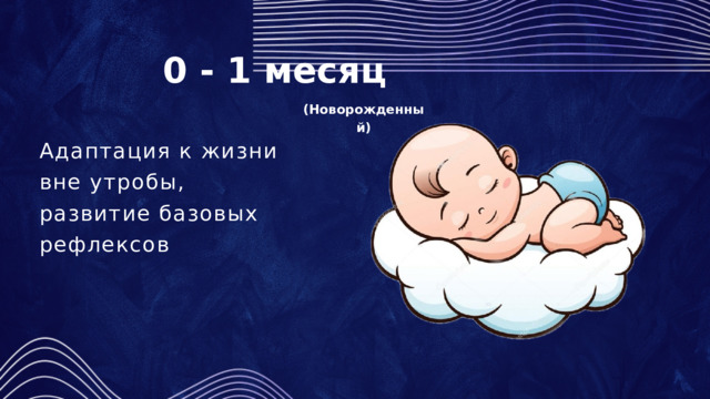 0 - 1 месяц (Новорожденный) Адаптация к жизни вне утробы, развитие базовых рефлексов 