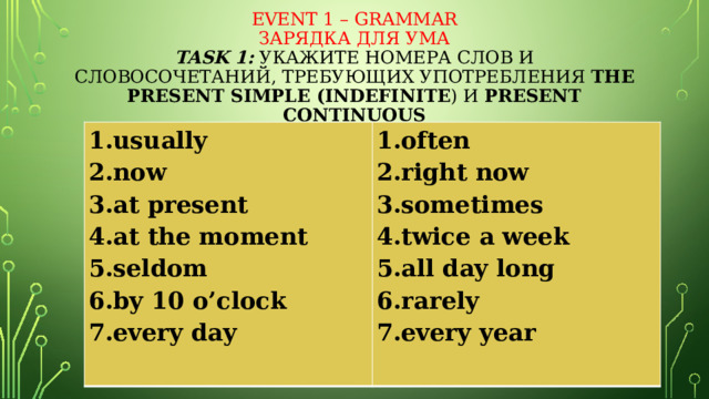 Event 1 – Grammar  зарядка для ума  task 1: Укажите номера слов и словосочетаний, требующих употребления the Present Simple (Indefinite ) и Present Continuous usually now at present at the moment seldom by 10 o’clock every day   often right now sometimes twice a week all day long rarely every year   