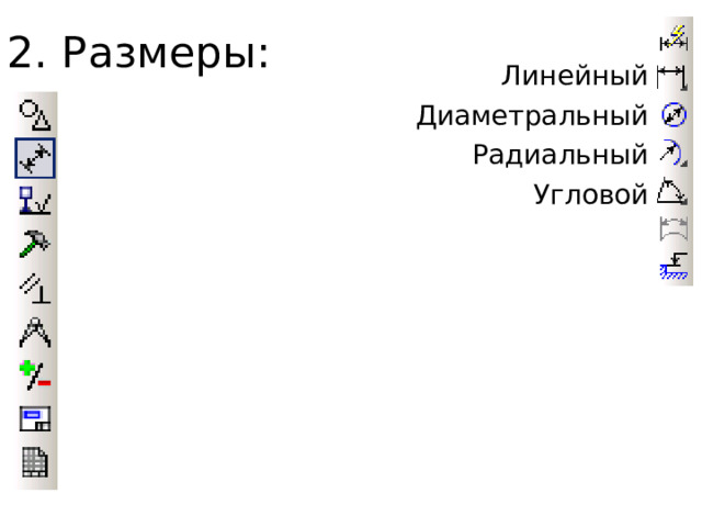 2. Размеры: Линейный Диаметральный Радиальный Угловой 