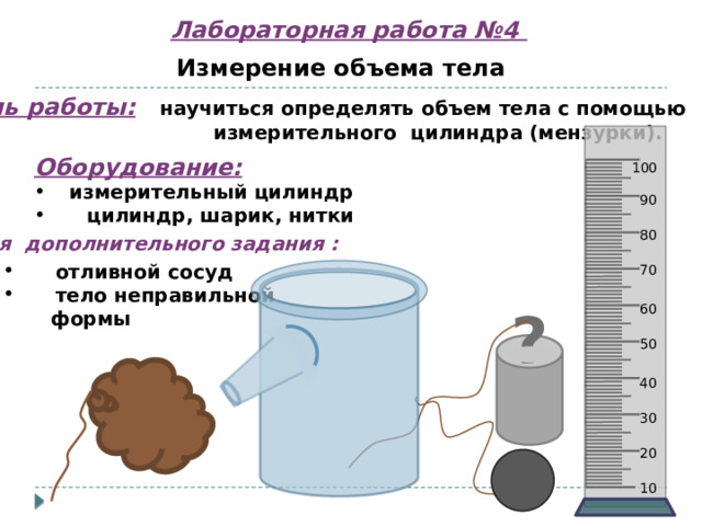 Лабораторная работа №4 Измерение объема тела Цель работы:  научиться определять объем тела с помощью  измерительного цилиндра (мензурки). Оборудование:  измерительный цилиндр  цилиндр, шарик, нитки   100 90 80  Для дополнительного задания :   отливной сосуд  тело неправильной  формы 70 ? 60 50 40 30 20 10 