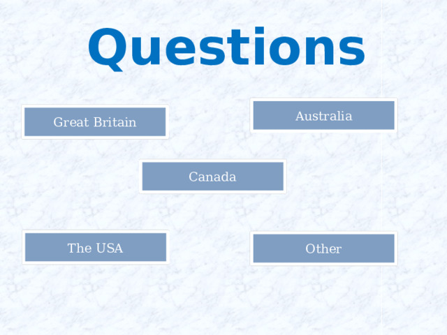 Questions Australia Great Britain Canada The USA Other 