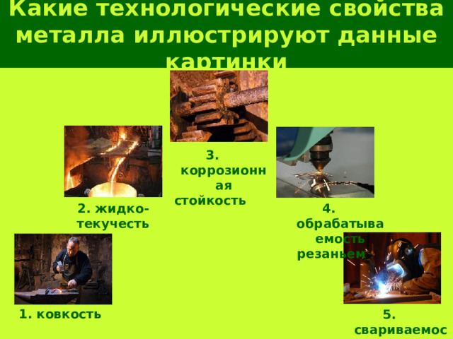 Какие технологические свойства металла иллюстрируют данные картинки 3. коррозионная стойкость 2. жидко- 4. обрабатываемость текучесть  резаньем 1. ковкость 5. свариваемость 