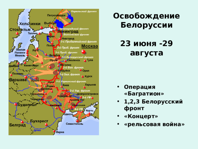 Освобождение Белоруссии   23 июня -29 августа Операция «Багратион» 1,2,3 Белорусский фронт «Концерт» «рельсовая война» 