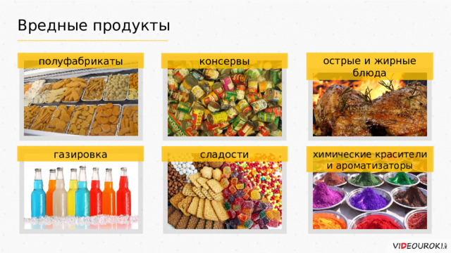 Вредные продукты острые и жирные блюда полуфабрикаты консервы газировка химические красители и ароматизаторы сладости 
