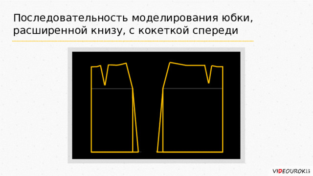 Последовательность моделирования юбки, расширенной книзу, с кокеткой спереди Заднее полотнище Переднее полотнище 