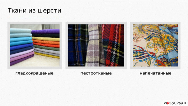 Ткани из шерсти гладкокрашеные пестротканые напечатанные 