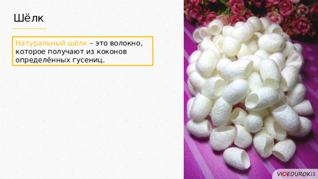 Шёлк Натуральный шёлк – это волокно, которое получают из коконов определённых гусениц. 
