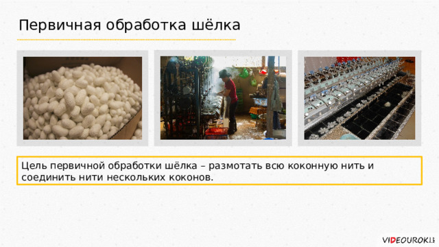 Первичная обработка шёлка Цель первичной обработки шёлка – размотать всю коконную нить и соединить нити нескольких коконов. 