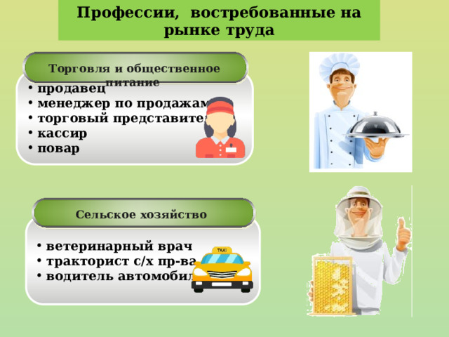 Профессии, востребованные на рынке труда Торговля и общественное питание продавец менеджер по продажам торговый представитель кассир повар Сельское хозяйство ветеринарный врач тракторист с/х пр-ва водитель автомобиля 