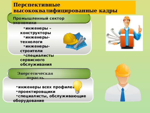 Перспективные высококвалифицированные кадры Промышленный сектор экономики инженеры – конструкторы инженеры-технологи инженеры-строители специалисты сервисного обслуживания Энергетическая отрасль инженеры всех профилей проектировщики специалисты, обслуживающие оборудование 21 