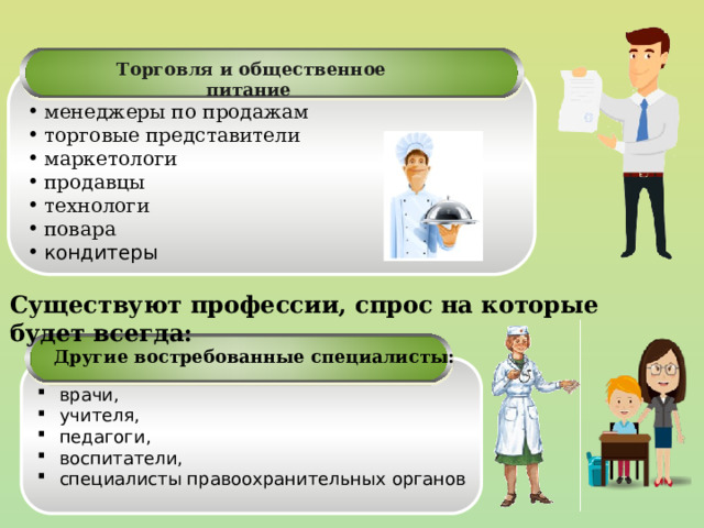 Торговля и общественное питание  менеджеры по продажам торговые представители маркетологи продавцы технологи повара кондитеры Существуют профессии, спрос на которые будет всегда: Другие востребованные специалисты: врачи, учителя, педагоги, воспитатели, специалисты правоохранительных органов 