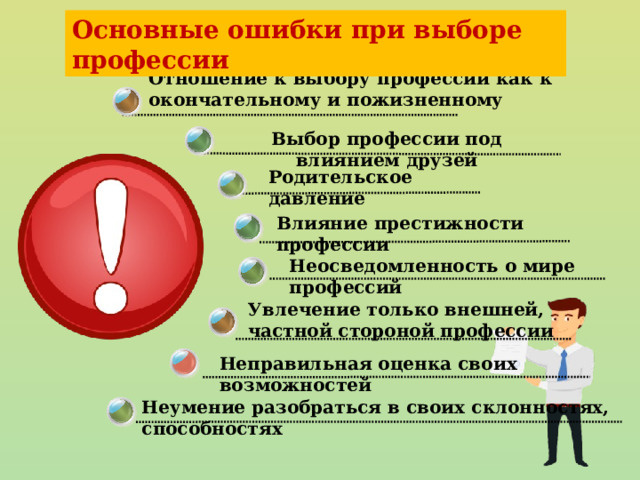 Основные ошибки при выборе профессии Отношение к выбору профессии как к окончательному и пожизненному Выбор профессии под влиянием друзей Родительское давление Влияние престижности профессии Неосведомленность о мире профессий Увлечение только внешней, частной стороной профессии Неправильная оценка своих возможностей Неумение разобраться в своих склонностях, способностях 29 