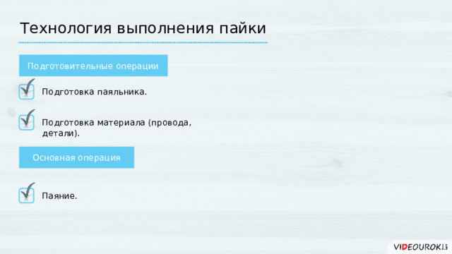 Технология выполнения пайки Подготовительные операции Подготовка паяльника. Подготовка материала (провода, детали). Основная операция Паяние.  