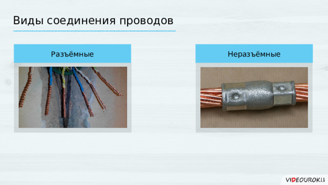Виды соединения проводов Разъёмные Неразъёмные 