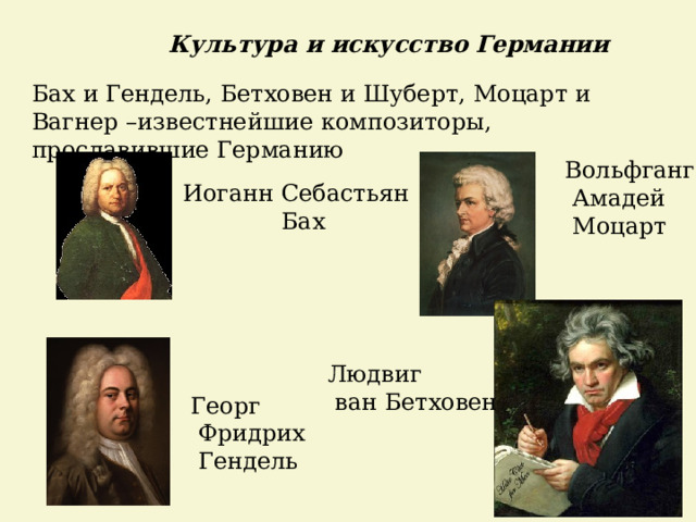 Культура и искусство Германии Бах и Гендель, Бетховен и Шуберт, Моцарт и Вагнер –известнейшие композиторы, прославившие Германию Вольфганг  Амадей  Моцарт Иоганн Себастьян  Бах Людвиг  ван Бетховен Георг  Фридрих  Гендель 