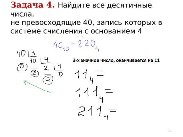 Задача 4.  Найдите все десятичные числа,  не превосходящие 40, запись которых в системе счисления с основанием 4 оканчивается на 11.  