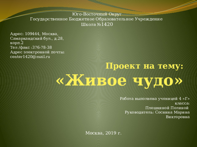 Юго-Восточный Округ  Государственное Бюджетное Образовательное Учреждение  Школа № 1420    Адрес: 109444, Москва,  Самаркандский бул., д.28, корп.2  Тел /факс :376-78-38  Адрес электронной почты: center1420@mail.ru Проект на тему:  «Живое чудо» Работа выполнена ученицей 4 «Г» класса: Плешкиной Полиной Руководитель: Соснина Марина Викторовна Москва, 2019 г. 