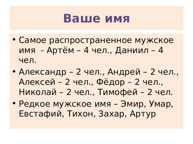 Ваше имя Самое распространенное мужское имя - Артём – 4 чел., Даниил – 4 чел. Александр – 2 чел., Андрей – 2 чел., Алексей – 2 чел., Фёдор – 2 чел., Николай – 2 чел., Тимофей – 2 чел. Редкое мужское имя – Эмир, Умар, Евстафий, Тихон, Захар, Артур 