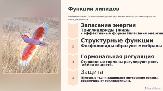  Функции липидов Липиды выполняют разнообразные функции в организме, влияя на различные процессы жизнедеятельности. Запасание энергии Триглицериды (жиры ) – эффективные формы запасания энергии . Структурные функции Фосфолипиды образуют мембраны клеток. Гормональная регуляция Стероидные гормоны регулируют рост,  обмен веществ. Защита Жировые ткани защищают внутренние органы, обеспечивают теплоизоляцию. 