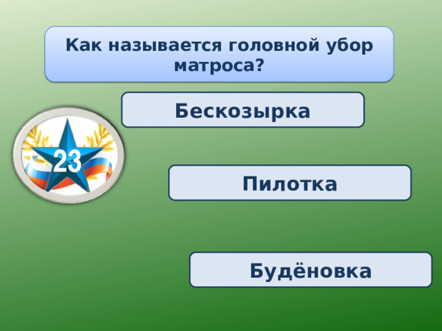 Как называется головной убор матроса? Бескозырка Пилотка Будёновка 