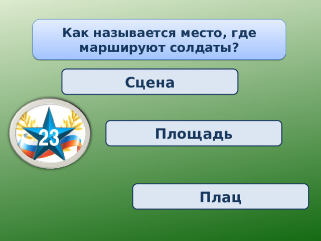 Как называется место, где маршируют солдаты? Сцена Площадь Плац 