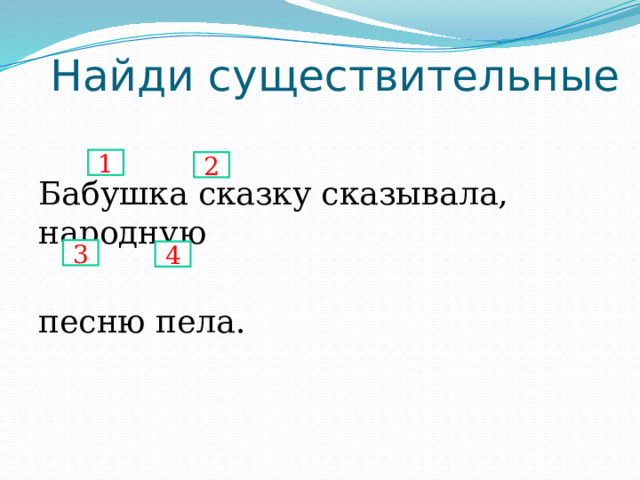 Найди существительные Бабушка сказку сказывала, народную песню пела. 1 2 3 4 
