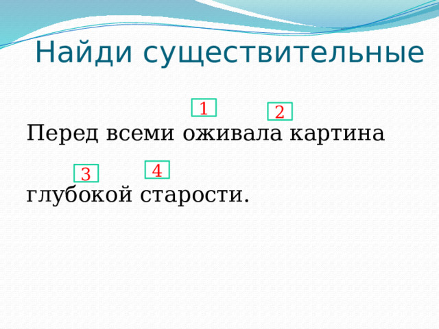 Найди существительные Перед всеми оживала картина глубокой старости. 1 2 4 3 