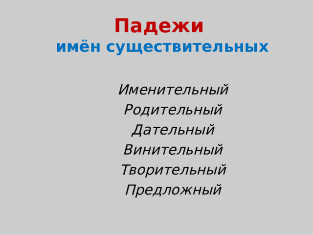 Падежи  имён существительных  Именительный  Родительный  Дательный  Винительный  Творительный  Предложный  