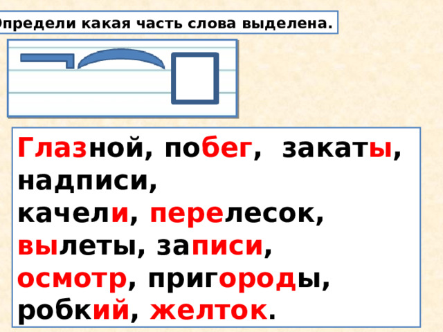 Определи какая часть слова выделена. Глаз ной, по бег , закат ы , надписи, качел и , пере лесок, вы леты, за писи , осмотр , приг ород ы, робк ий , желток . 