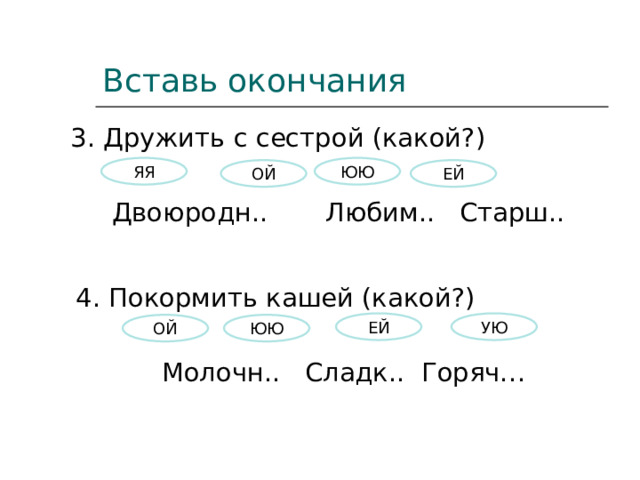 Вставь окончания 3. Дружить с сестрой (какой?) Двоюродн.. Любим.. Старш.. ЮЮ ЯЯ ОЙ ЕЙ 4. Покормить кашей (какой?) Молочн.. Сладк.. Горяч… ЕЙ УЮ ЮЮ ОЙ 