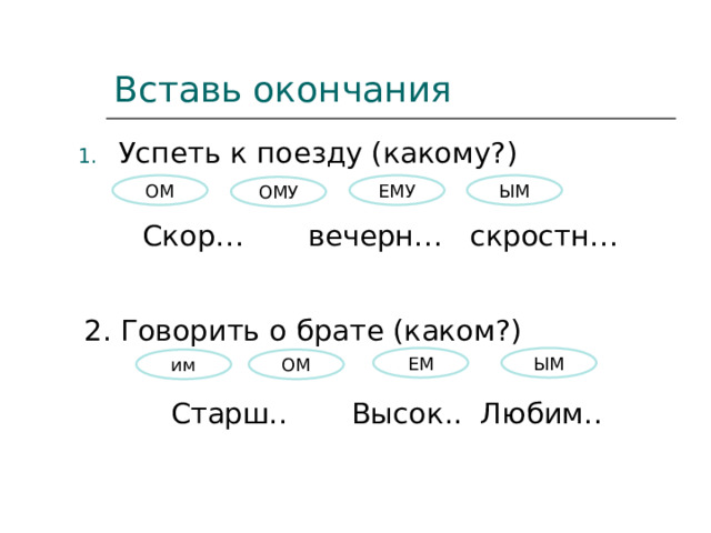 Вставь окончания Успеть к поезду (какому?) Скор… вечерн… скростн… ЕМУ ЫМ ОМ ОМУ 2. Говорить о брате (каком?) Старш.. Высок.. Любим.. ЕМ ЫМ ОМ им 