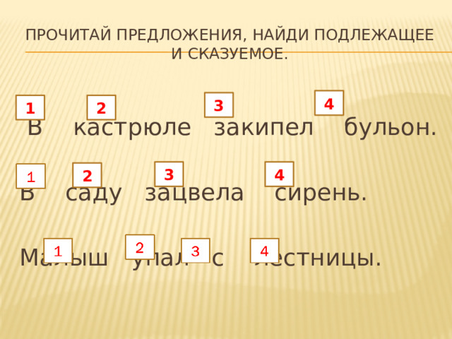 Прочитай предложения, найди подлежащее и сказуемое.  В кастрюле закипел бульон. В саду зацвела сирень. Малыш упал с лестницы. 4 3 2 1 3 4 2 