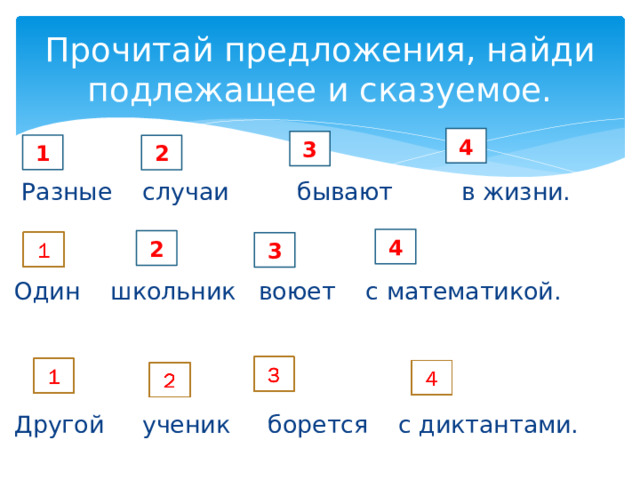 Прочитай предложения, найди подлежащее и сказуемое. 4 3 1 2  Разные случаи бывают в жизни. Один школьник воюет с математикой. Другой ученик борется с диктантами. 4 2 3 