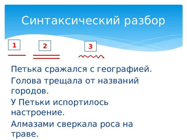 Синтаксический разбор 1 2 3 Петька сражался с географией. Голова трещала от названий городов. У Петьки испортилось настроение. Алмазами сверкала роса на траве. На улице щебетали красивые ласточки. Солнце сияло в голубом небе. 