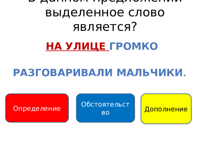 В данном предложении выделенное слово является? На улице громко разговаривали мальчики .  Обстоятельство Определение Дополнение 