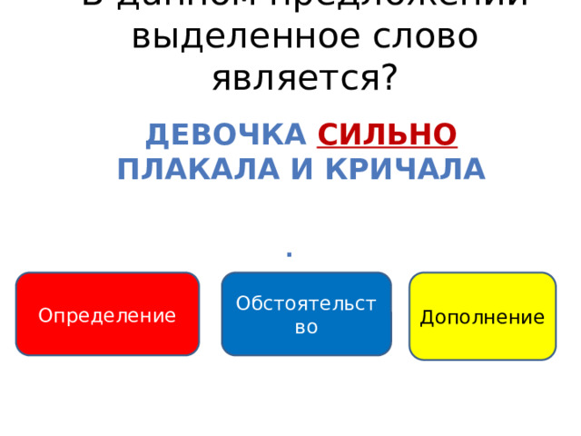 В данном предложении выделенное слово является? Девочка сильно  плакала и кричала .  Обстоятельство Определение Дополнение 
