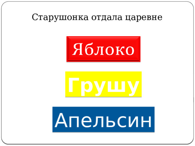 Старушонка отдала царевне     Грушу Апельсин 