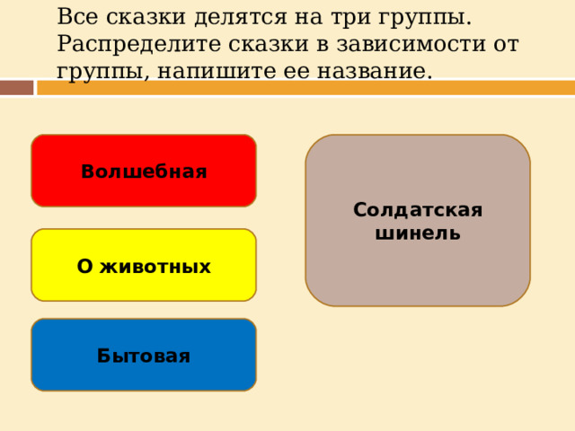 Все сказки делятся на три группы. Распределите сказки в зависимости от группы, напишите ее название.   Волшебная Солдатская шинель О животных Бытовая  