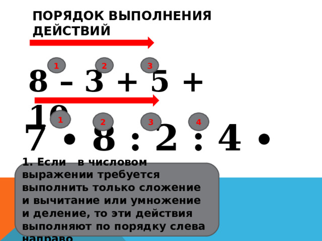 ПОРЯДОК ВЫПОЛНЕНИЯ ДЕЙСТВИЙ 1 2 3 8 – 3 + 5 + 10 1 7 ∙ 8 : 2 : 4 ∙ 5 2 3 4 1. Если в числовом выражении требуется выполнить только сложение и вычитание или умножение и деление, то эти действия выполняют по порядку слева направо 