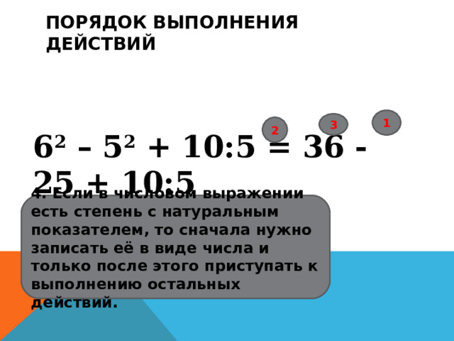 ПОРЯДОК ВЫПОЛНЕНИЯ ДЕЙСТВИЙ 1 3 2 6 2 – 5 2 + 10:5 = 36 - 25 + 10:5 4. Если в числовом выражении есть степень с натуральным показателем, то сначала нужно записать её в виде числа и только после этого приступать к выполнению остальных действий. 