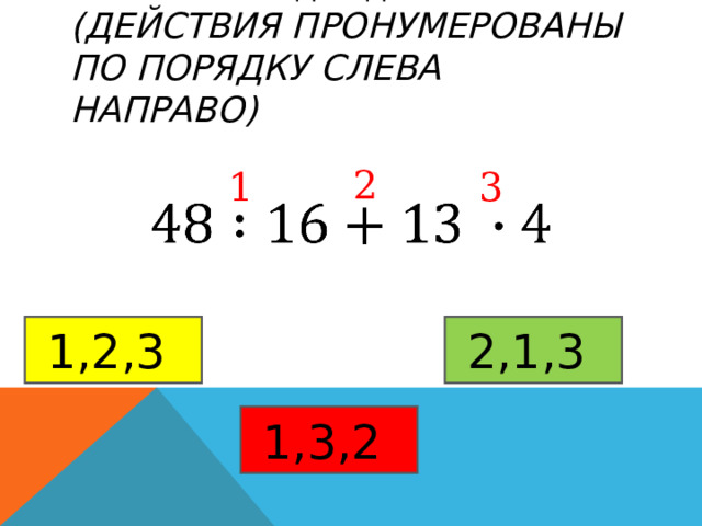 УКАЖИТЕ ПОРЯДОК ДЕЙСТВИЙ  (ДЕЙСТВИЯ ПРОНУМЕРОВАНЫ ПО ПОРЯДКУ СЛЕВА НАПРАВО) 2 1 3 1,2,3  2,1,3  1,3,2  