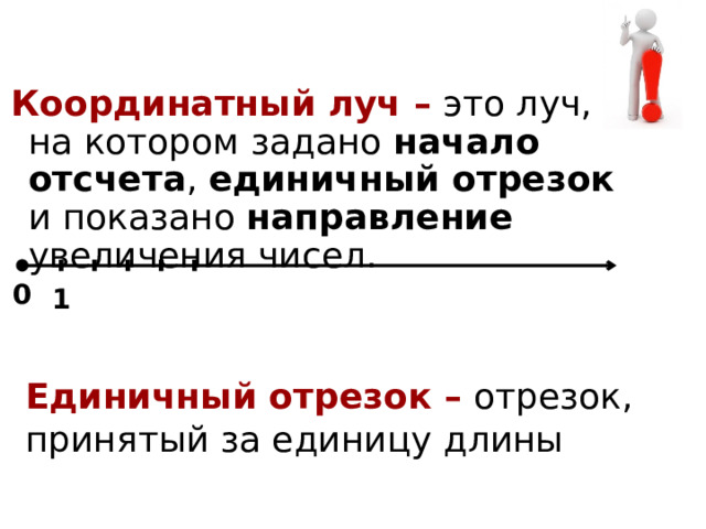 Координатный луч – это луч, на котором задано начало отсчета , единичный отрезок и показано направление увеличения чисел. 1 0 Единичный отрезок – отрезок, принятый за единицу длины 