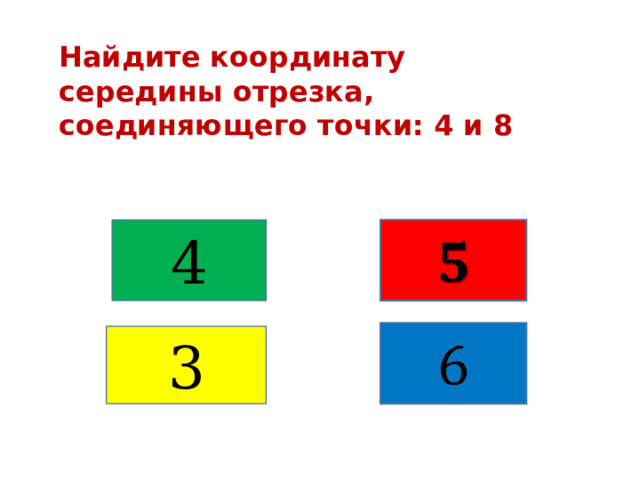 Найдите координату середины отрезка, соединяющего точки: 4 и 8 4     3 