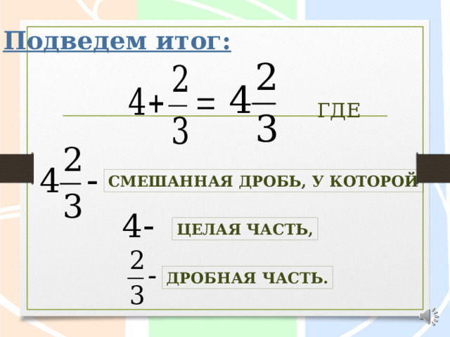 Подведем итог: где Смешанная  дробь, у которой Целая часть, Дробная часть. 