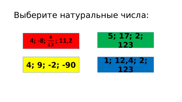 Выберите натуральные числа: 5; 17; 2; 123 4; -8; 11,2   4; 9; -2; -90 1; 12,4; 2; 123 